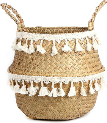 Tassel Macrame Woven Seagrass Belly Basket for Storage, Decoration, Laundry, Picnic, Plant Basin Cover, Groceries and