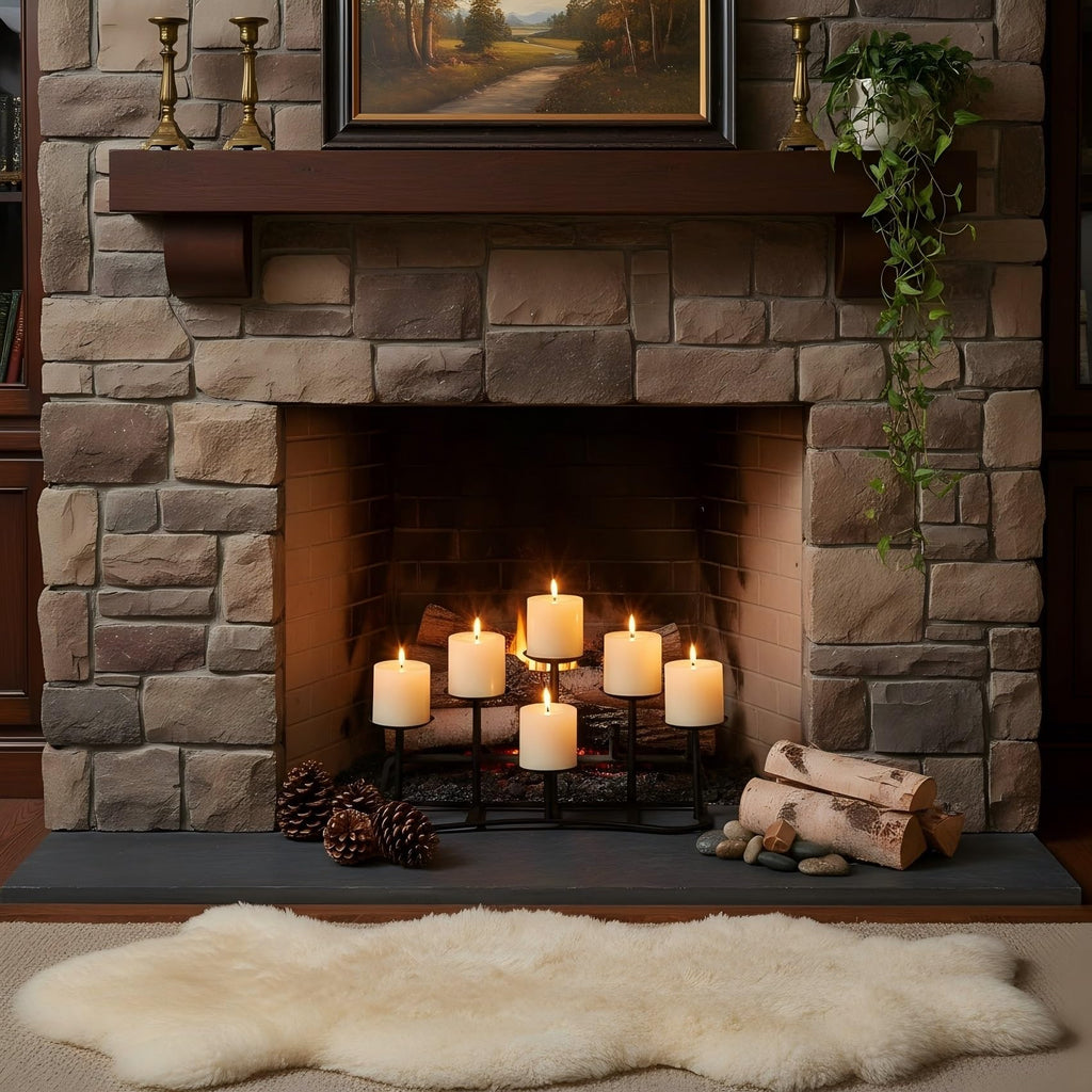 Candelabra Pillar Candle Holders Fireplace Matte Black Metal Candleholder with 6 Candle Stands Mantel Floor Table