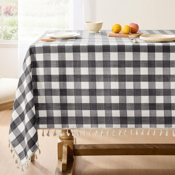 Gingham Rectangle Tablecloth with Tassel, Black, 55" x 120"