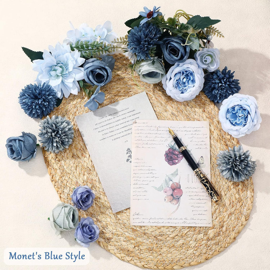 8 Pcs Gradient Blue Artificial Flowers Bouquet Peonies Silk Dahlia Faux Rose Fake Chamomile Hydrangea Floral
