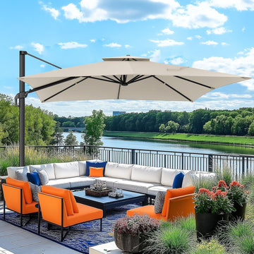 Outdoor Patio Umbrella - 10ft Cantilever Umbrella Heavy Duty Offset Umbrellas with Stand - Beige