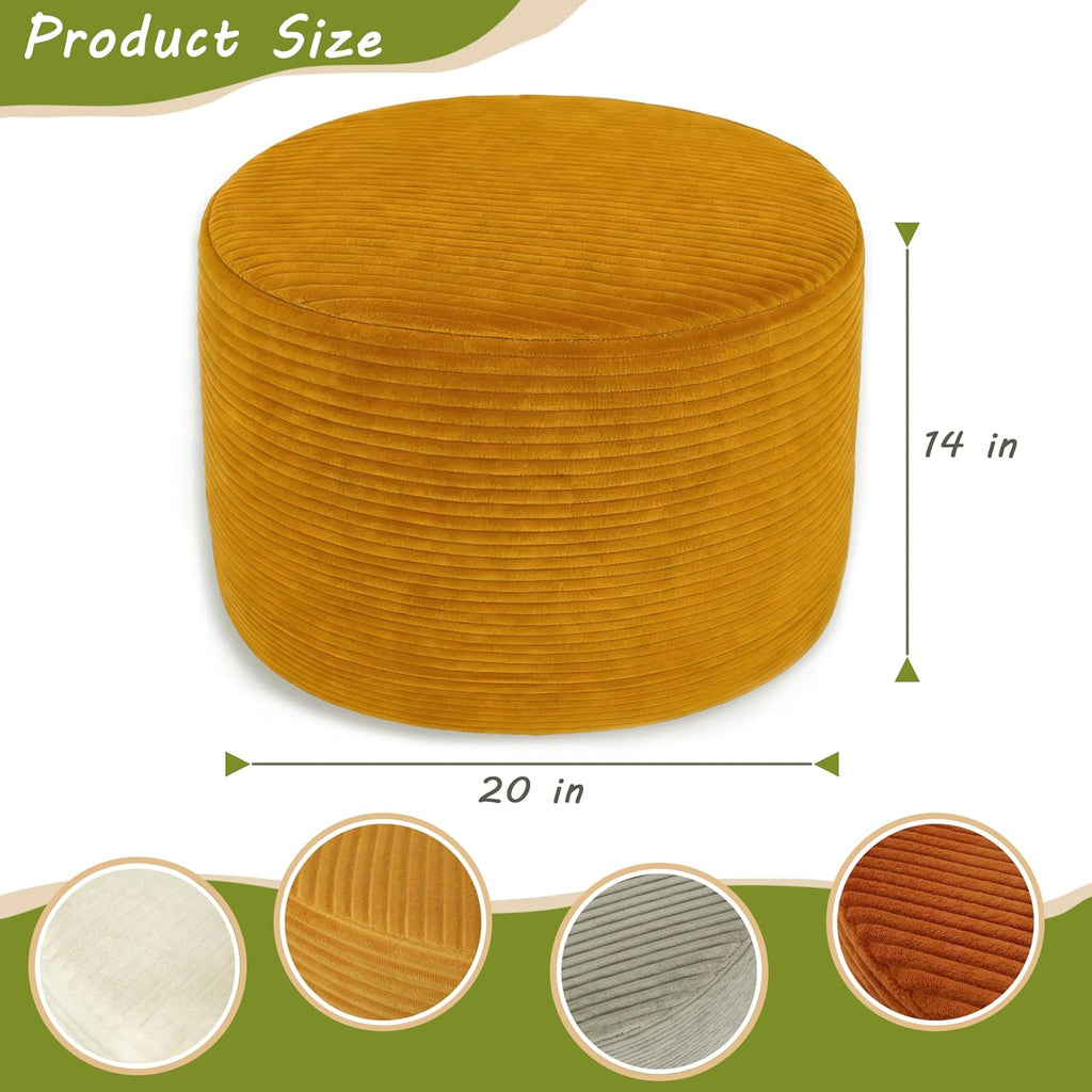 Round Ottoman Pouf, Plush Corduroy Foot Stool with High-Density Memory Foam, 3-in-1 Footrest Extra Seating Side Table