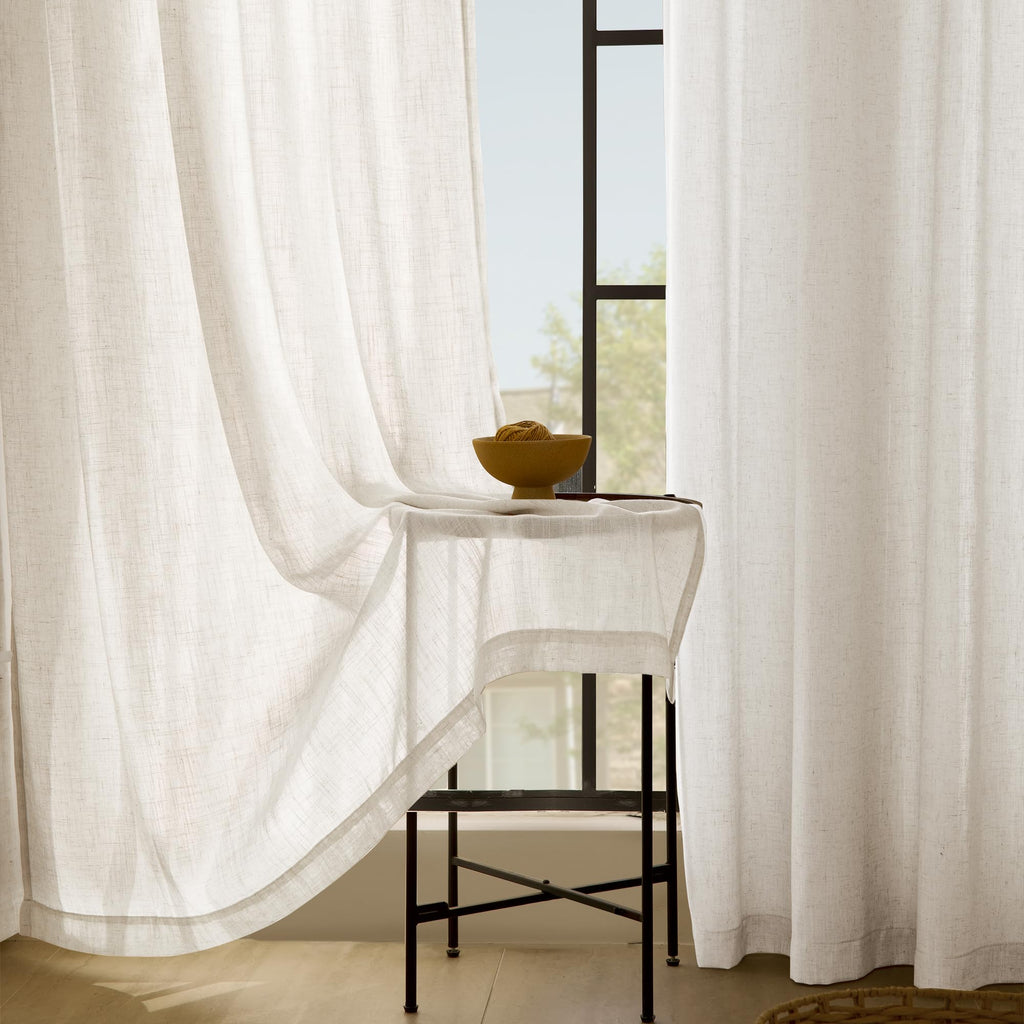2 Panels Set Cream Linen Curtains 108 Inches Long Neutral Rustic Farmhouse Light Filtering Semi Sheer Linen Drapes