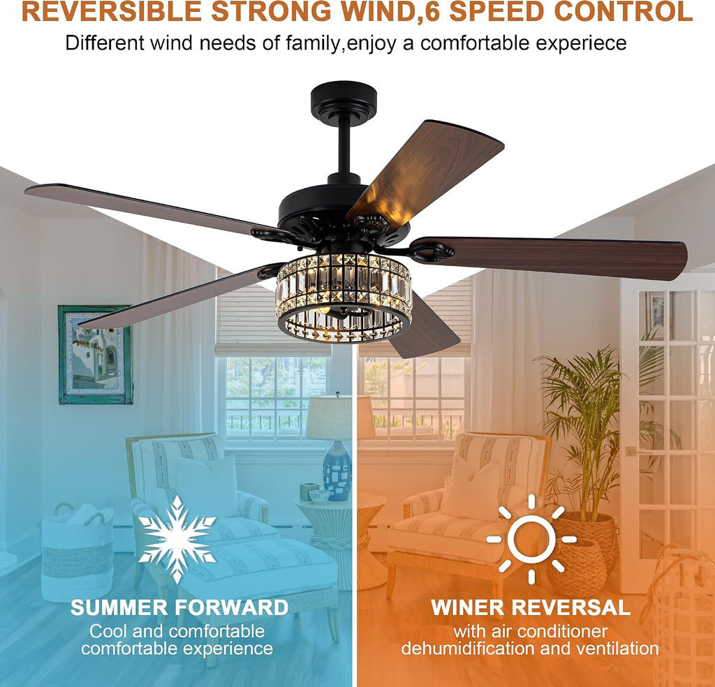 60" Vintage Black Ceiling Fan with Light, Large Crystal Chandelier Fan Fandelier Fan with 6-Speeds