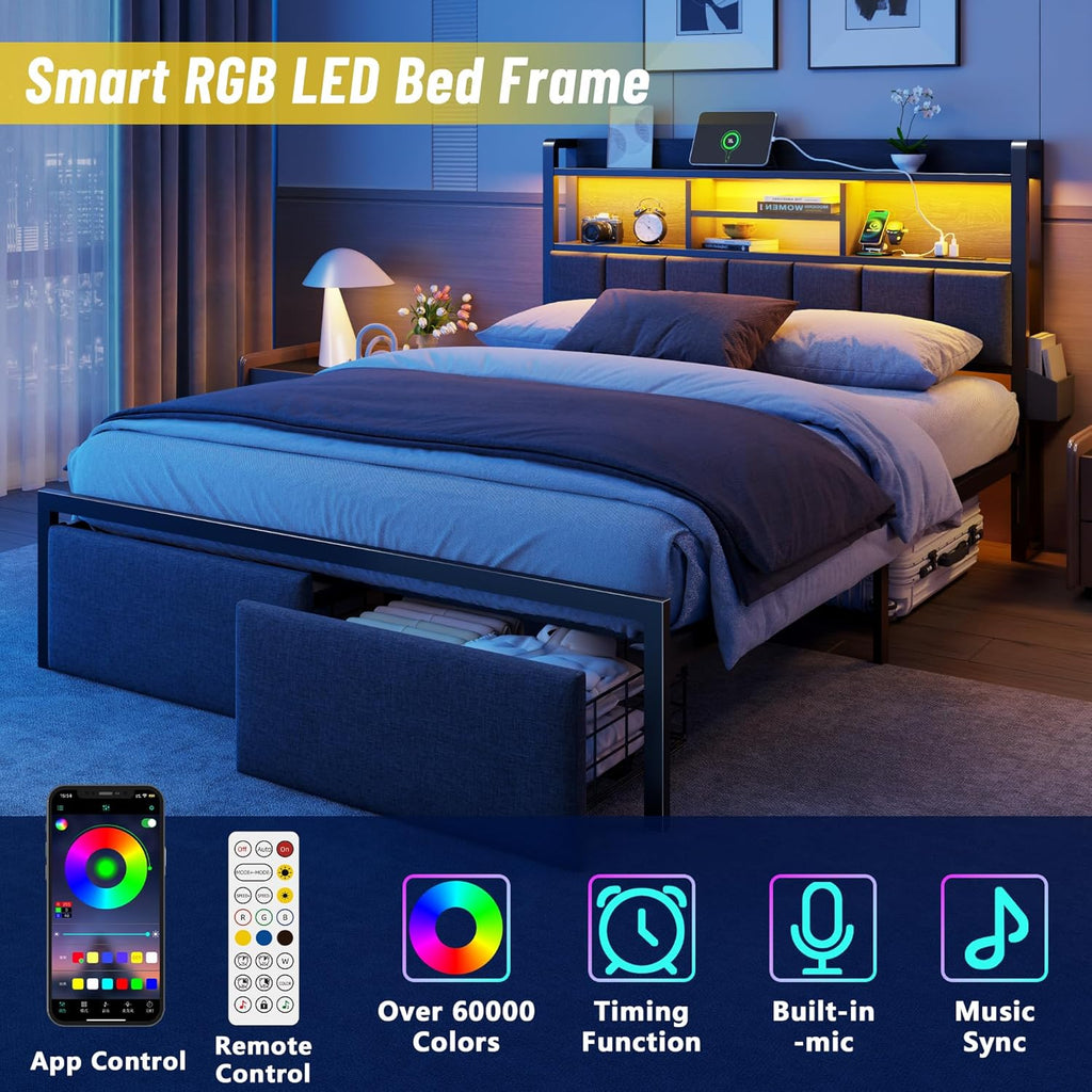 Queen Bed Frame with Storage Drawers, Upholstered Headboard with LED Light & Charging Station