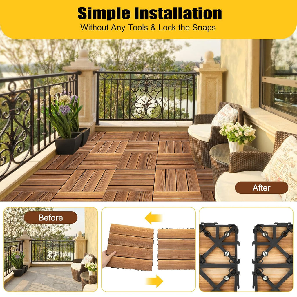 36 Pack Hardwood Interlocking Patio Deck Tiles, Waterproof All-Weather Outdoor Patio Flooring, 12 * 12 * 1inch Decking