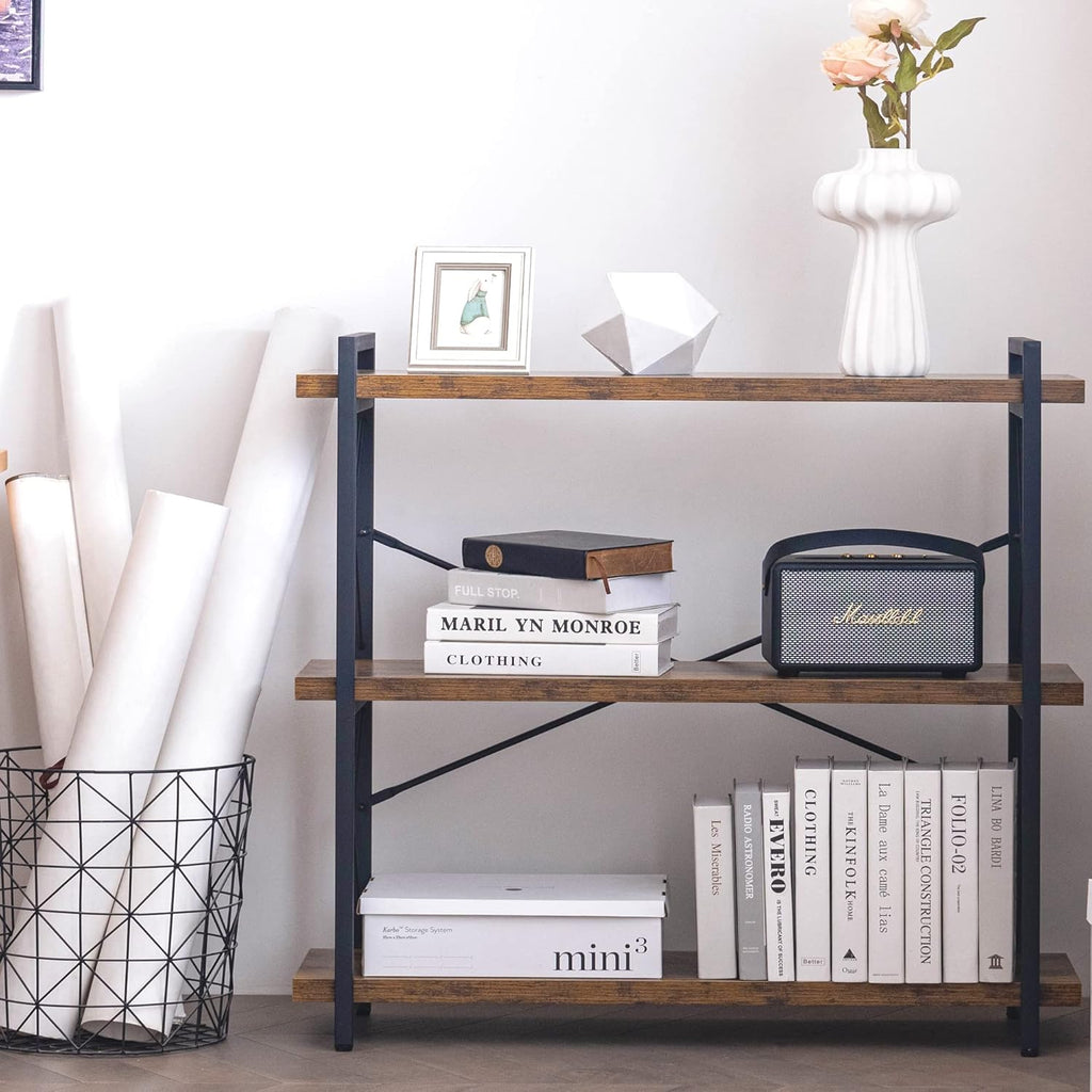 Bookshelf, 3-Tier Industrial Bookcase, Rustic Open Book Shelf, Wood and Metal Horizontal Bookshelves