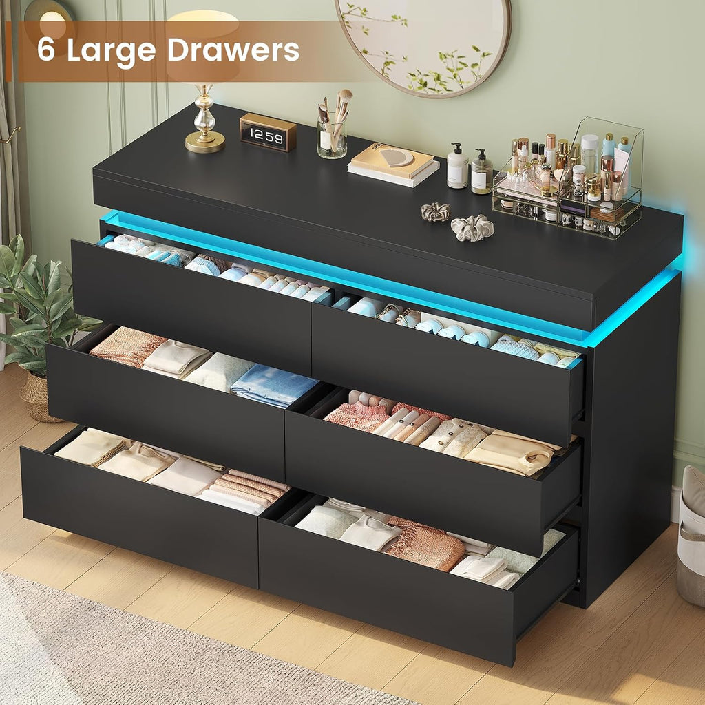 6 Drawer Dresser with LED Light,Black | Modern Chest of Drawers ,Closet Dressers with Drawers forLiving