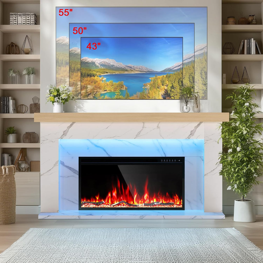 62 Inch Electric Fireplace with Mantel, Replaceable 36" Fireplace Insert Heater, 3D Realistic Log and Flame Effect