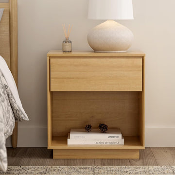 Wood End Side Table Modern Farmhouse Nightstand Bedside Cabinet with Storage Drawer and Open Shelf , Natural Oak