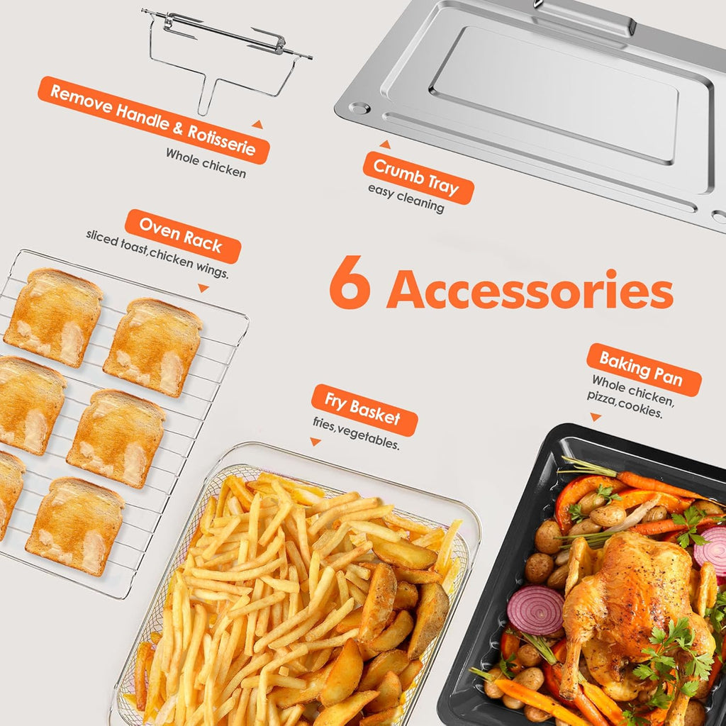 32QT Extra Large Air Fryer Toaster Oven Combo, 21-in-1 Countertop Convection Toaster Oven with Rotisserie and Dehydrate, 6 Accessories, 1800W Dual Cook Preset (Black)