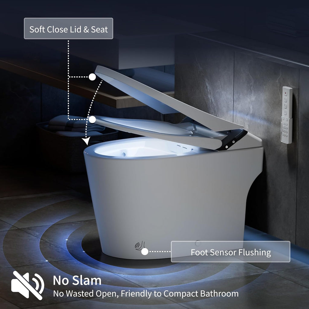 Smart One-Piece Toilet with Built-In Bidet, Dual Auto Flush, Heated Seat, Warm Water, Deodorizer, Foot Sensor, Foam System, Night Light
