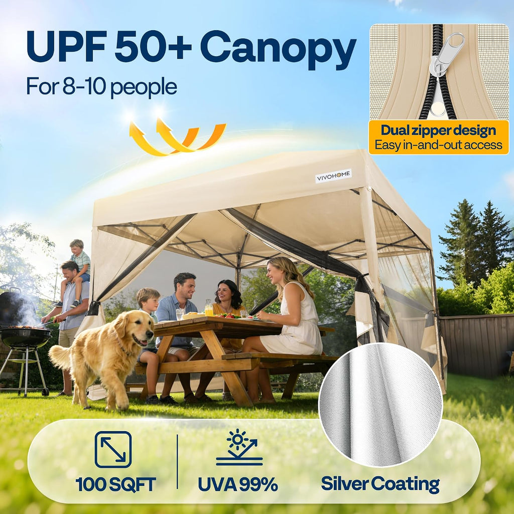 10x10ft Easy Pop-Up Canopy, Outdoor Screen Tent with Mosquito Netting, 2 Zipper Doors