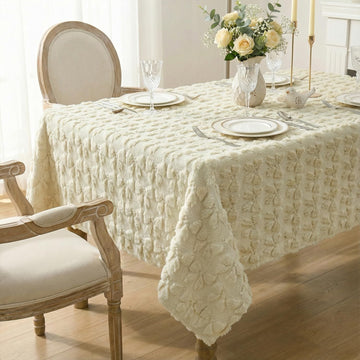 Bow Tablecloth 60×84 Inch Rectangular, Beige Soft Plush Faux Fur Jacquard Bow Table Cover, Seasonal 