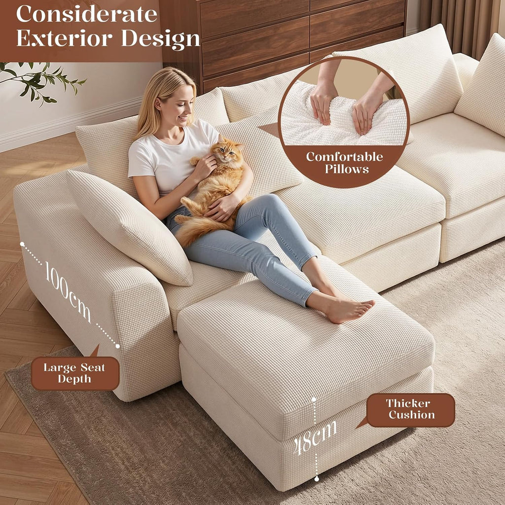 110" Cloud Sectional Couches , L-Shaped Convertible Sofa, 3-Seat Modular Boneless Couch with Movable Ottoman, Beige