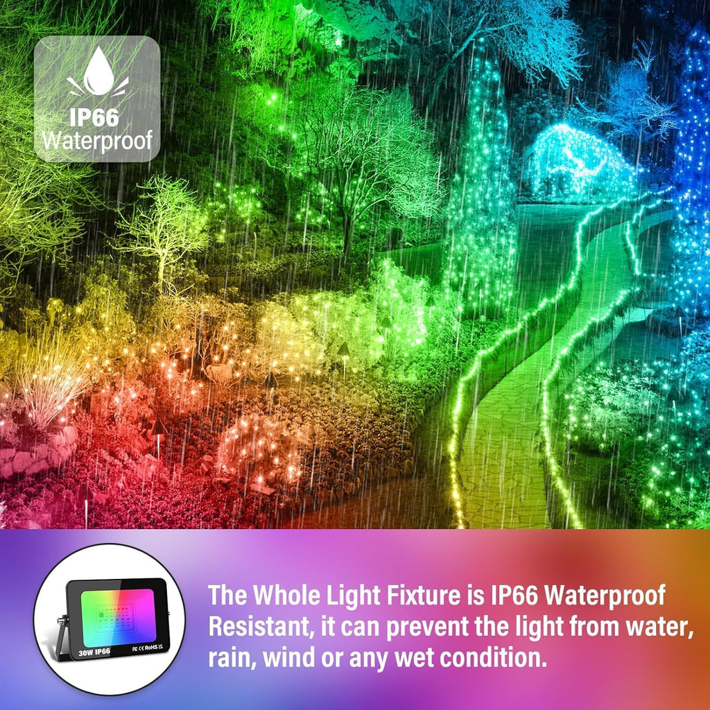 4-Pack 30W RGB LED Flood Light, Remote Outdoor Color Changing Light | 16-color changing, IP66 waterproof, remote