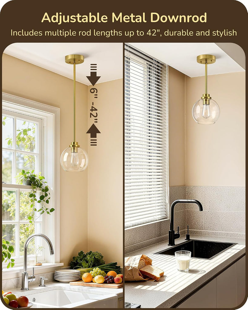 Pendant Light Fixtures 2 Pack with Clear Glass Globe Shade, Gold Kitchen Hanging Lighting Over Island, Hardwired