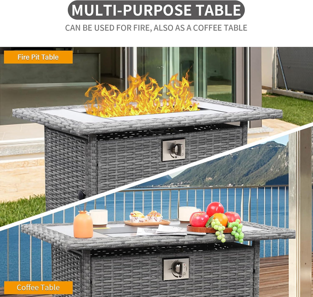 60000 BTU Wicker Gas Fire Pit Outdoor Fire Pit Table 45 Inch Fire Pits for Outside with Woodgrain Marble Tabletop Fire P