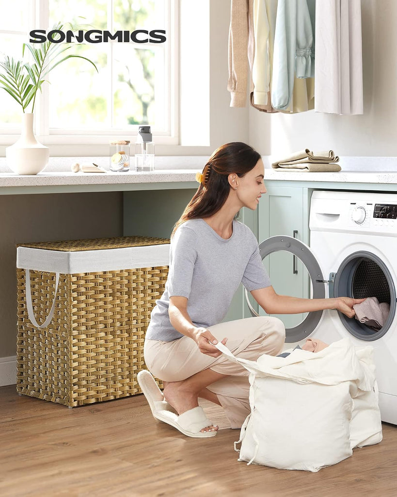 Laundry Hamper with Lid, 130L Wicker Laundry Basket | 6 Mesh Bags, 2 Removable Liner Bags, 13 x 26 x 23.6 Inches