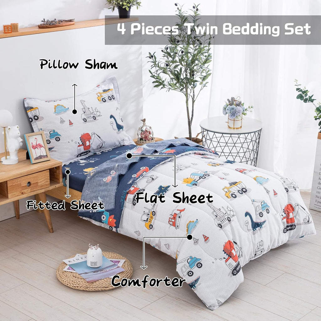 Cotton Twin Bedding Set, Dinosaur Cars Reversible Twin Comforter Set for Kids Boys Girls, 4 Pieces Bed in a Bag