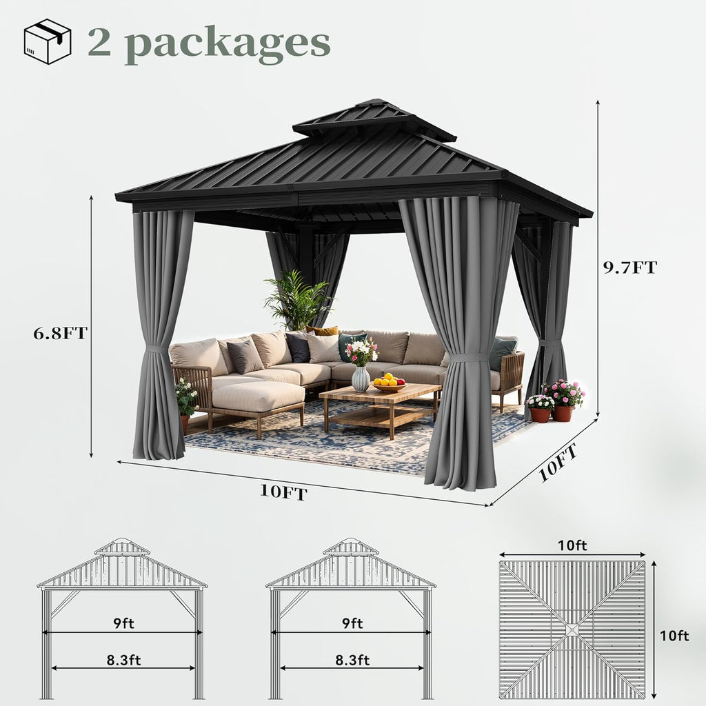 10X10FT Gazebo Patios Hard Top Outdoor Double Roof Canopy Aluminum Frame Garden Gazebo with Curtains Netting for Backyards Decks Lawns, Gray