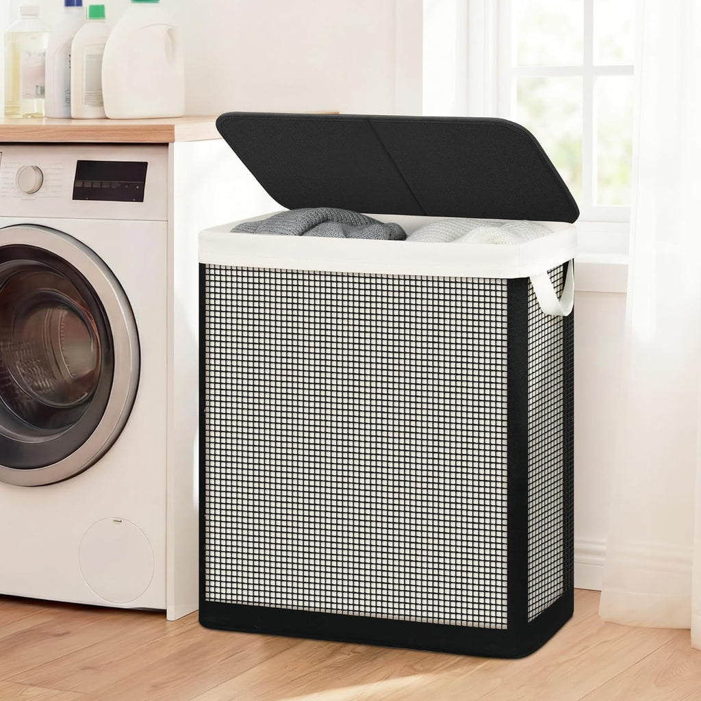 Double Laundry Hamper with Lid, 140L Large 2 Section Laundry Sorter, Laundry Basket with Removable Washable Canvas