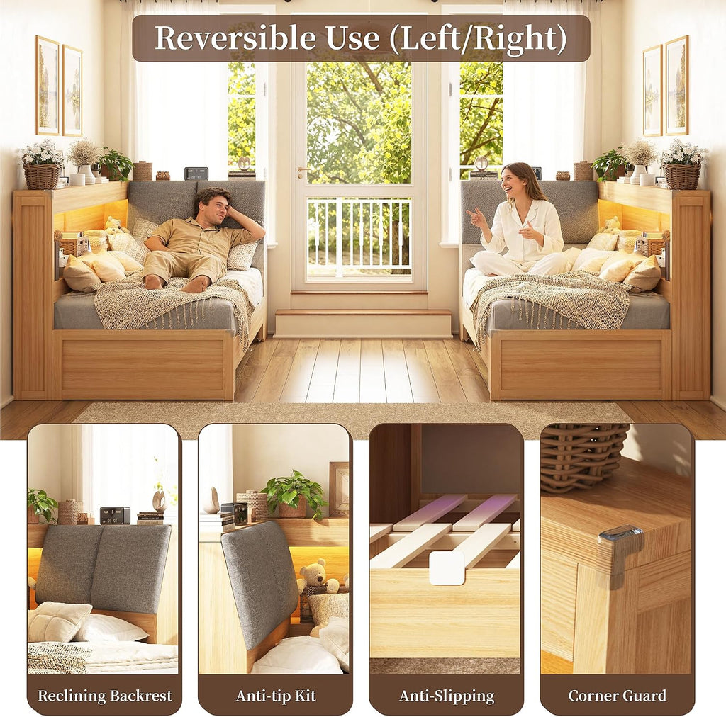 Twin Daybed with Extendable Trundle & Storage Headboard, Natural Oak