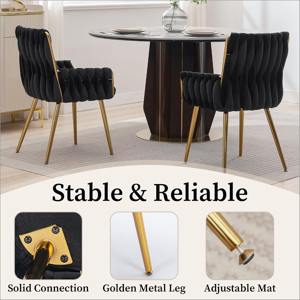 Home Office Desk Chair, Upholstered Hand Weaving Desk Chairs with Golden Metal Legs & Armrest, Modern Accent Chairs