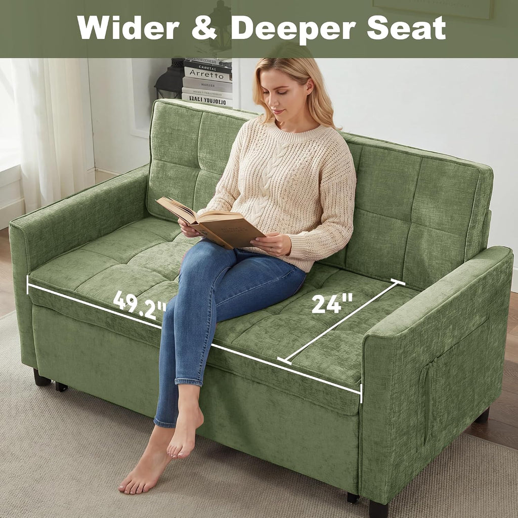57" Chenille Convertible Sofa Bed, Full Size Loveseat Sleeper Sofa with USB & Type-C Port, Adjustable Backrest
