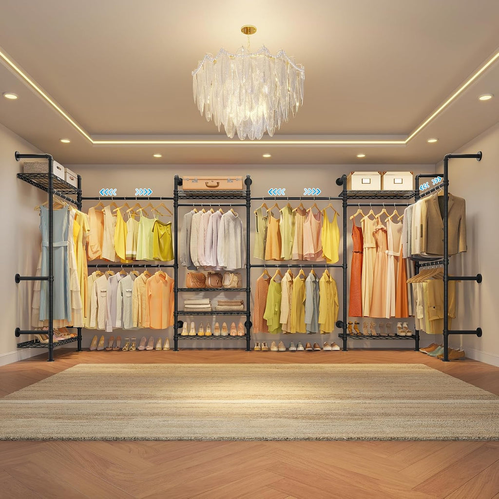L6 Closet Rack Wall Mount for Corner - Expandable Industrial Pipe Closet , Heavy Duty Hanging Garment Rack, Closet