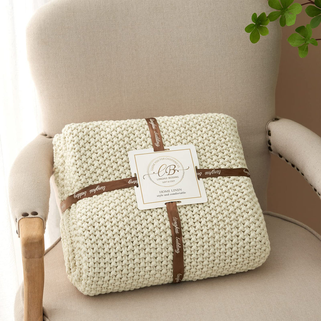 Chunky Cable Knit Throw Blanket Lightweight Cream 100% Organic Cotton Blanket for Sofa Couch Bed Baby Nursery, Rustic