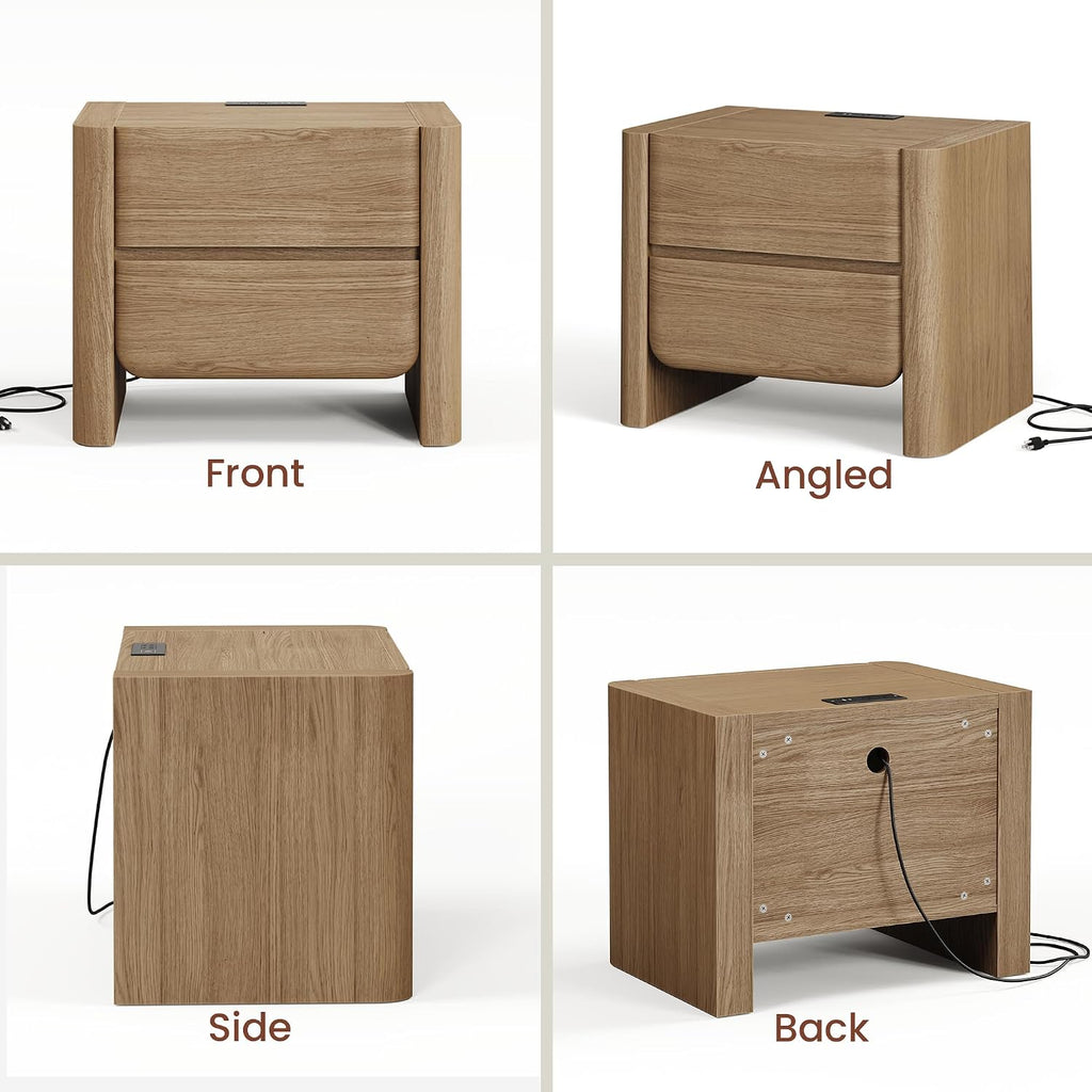 26" Nightstand with Charging Station, Large Bedside Table with 2 Handleless Storage Drawers,2.4" Thick Panel Legs &