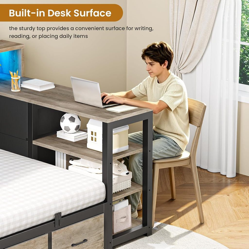 Corner Bed Frame with Desk, Bookcase Headboard, Storage Shelves & 7 Drawers, Farmhouse Twin Size Wood Platform Bed