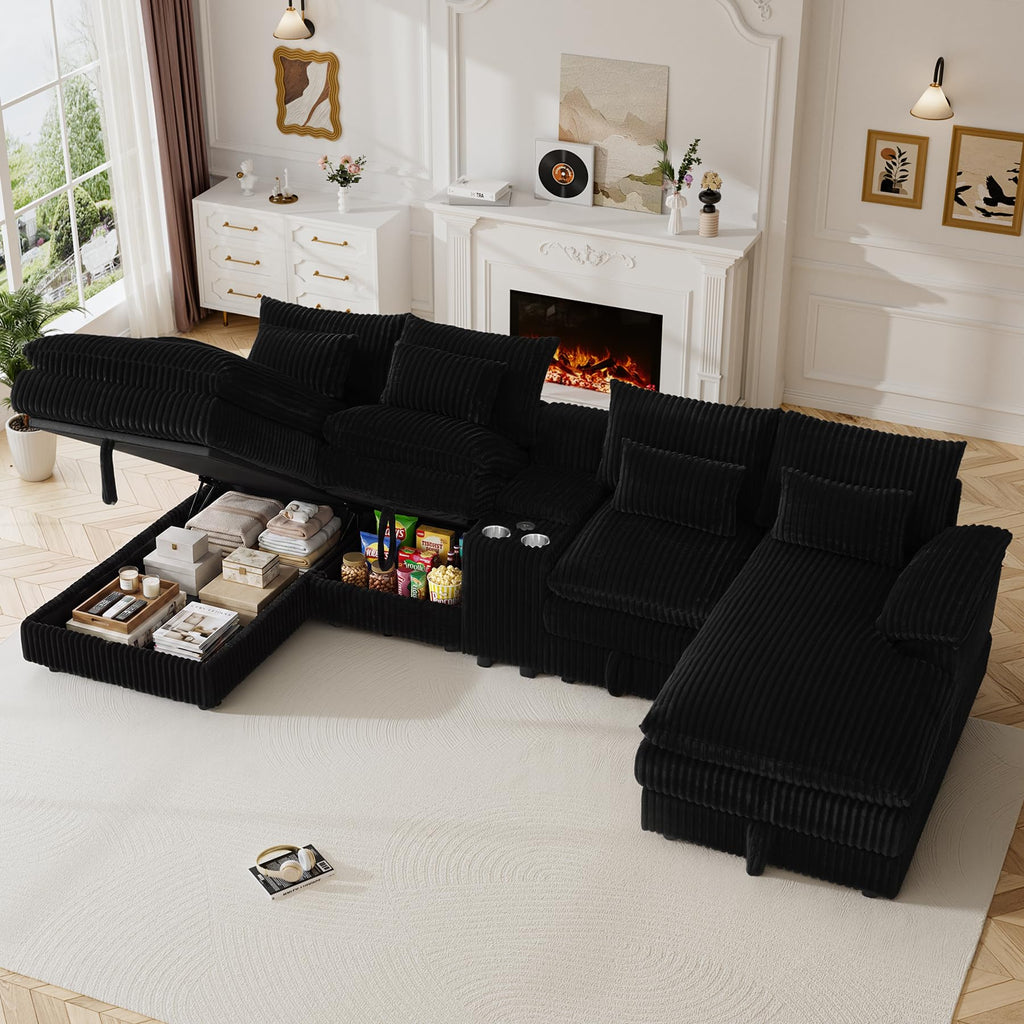 120" Cloud Couch Sectional U Shaped Black Sectional Couches, Plush Soft Comfy Fluffy Corduroy Couch Sectionals
