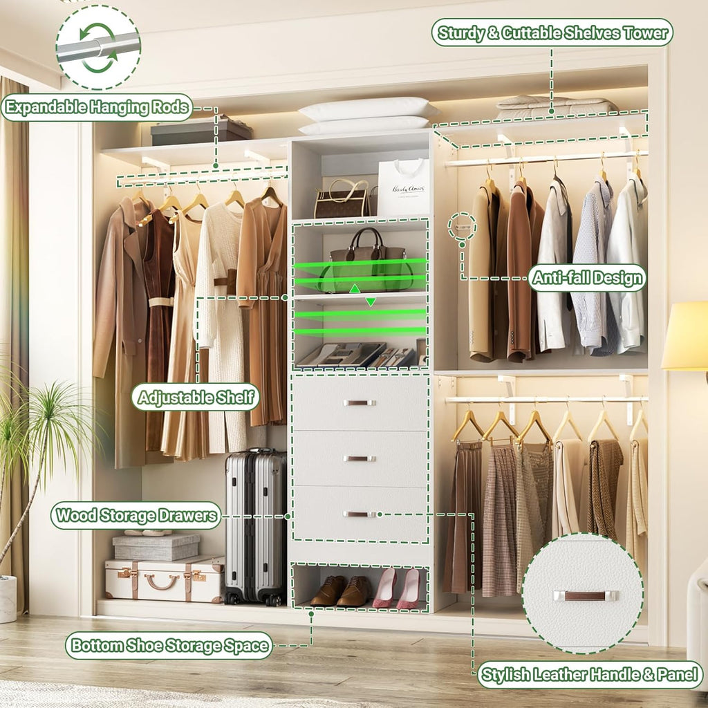 Closet System with Drawer - 8FT Wood Closet Organizer System with 3 Hanging Rods and Shelving Tower, 96" Walk In