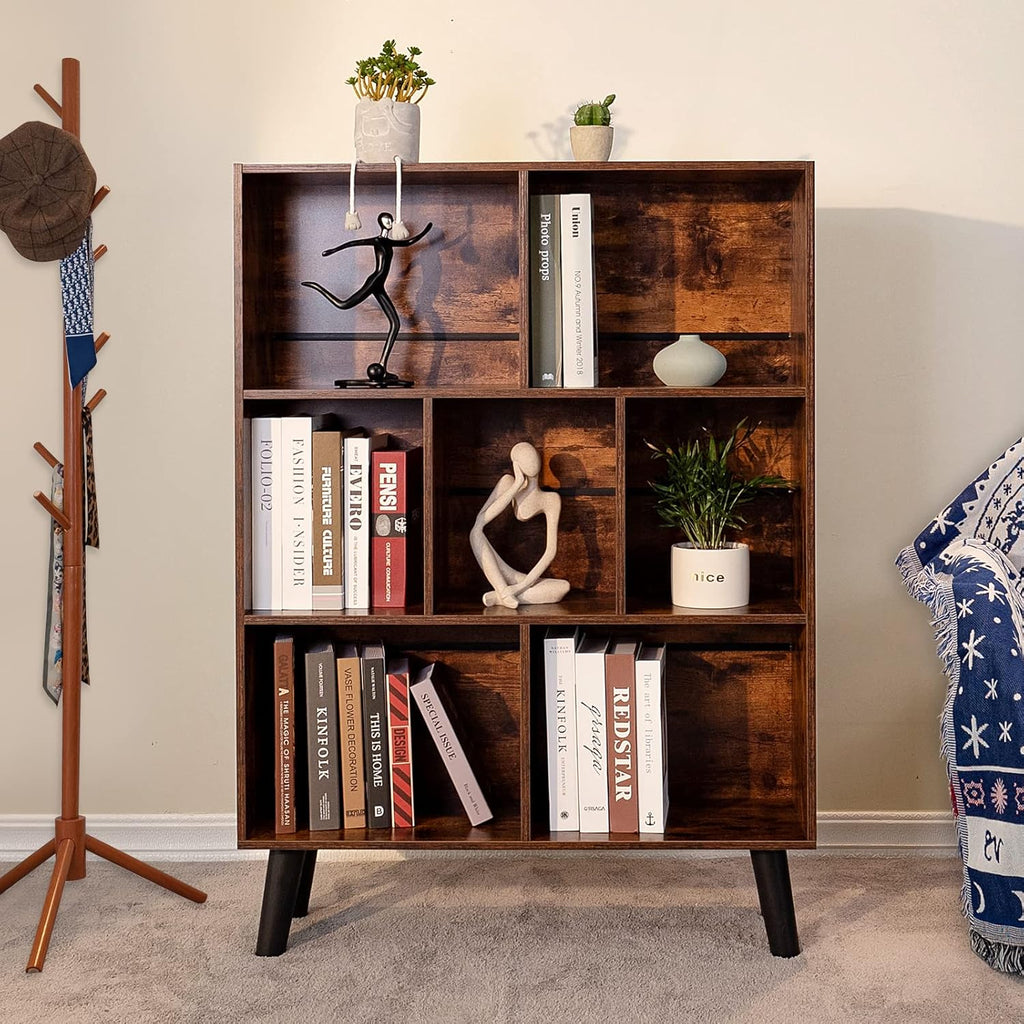Cube Bookshelf 3 Tier Mid-Century Rustic Brown Modern Bookcase with Legs,Retro Wood Bookshelves Storage Organizer