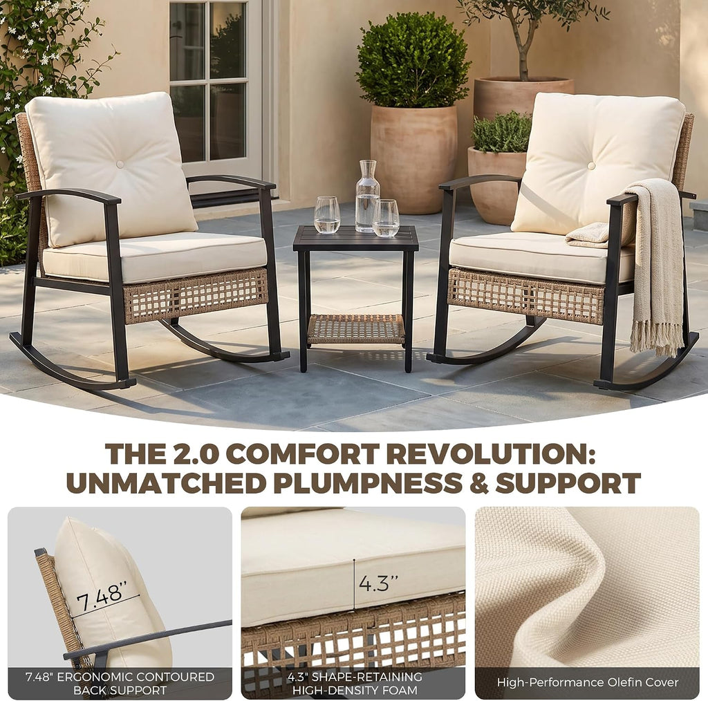 3-Piece Patio Rocking Chairs Set of 2, Rocking Chair Bistro Set [Upgraded 2.0] & 2-Tier Coffee Table, Wicker Rocking