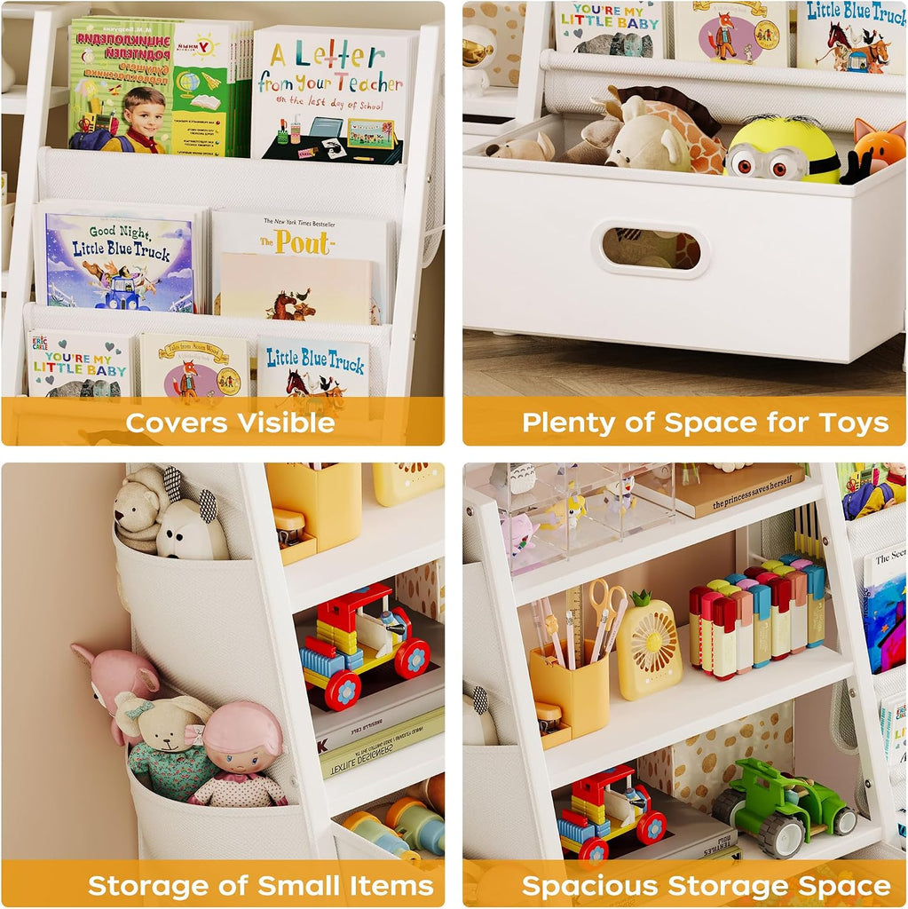 Kids Bookshelf and Toy Storage Organizer, 3 Tier Kids Bookcase, Sling Bookshelf and 2 Toy Bins with Toy Storage