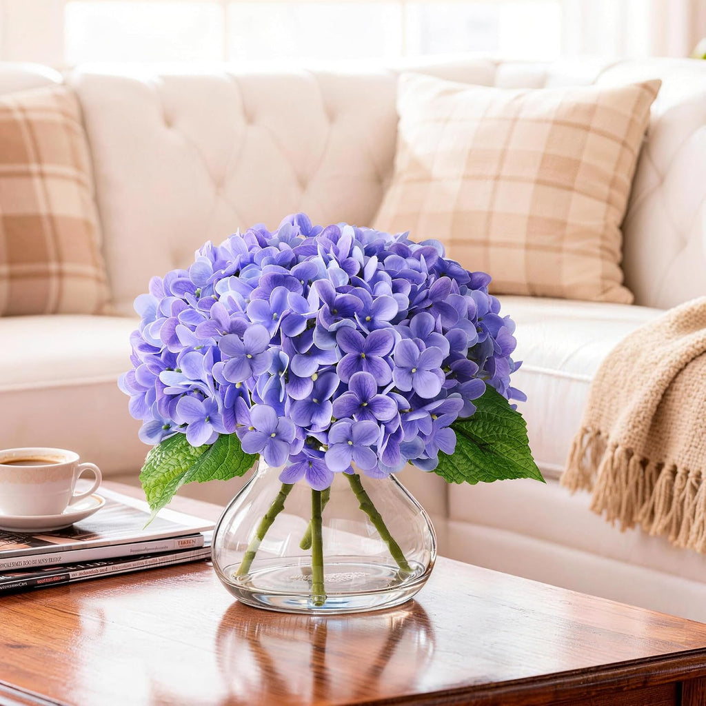 Real Touch Faux Hydrangea Flowers in Glass Vase, No Watering Needed Silk Hydrangea Artificial Flowers Wedding Decor