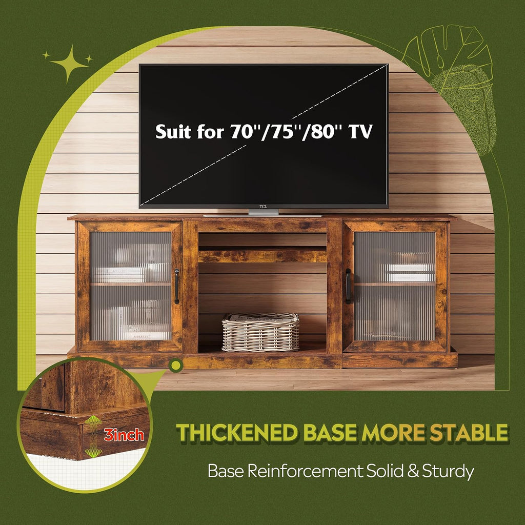 Farmhouse TV Stand for 75 inch TV, Entertainment Center with Storage Cabinets, Mid Century Modern TV Console for Living Room, Bedroom, Rustic Brown
