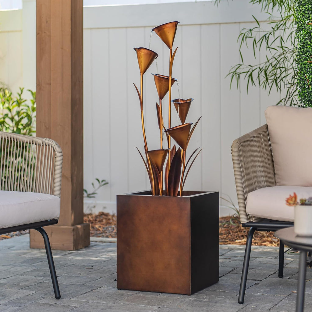 46" Tall Bronze Metal Sculptural Flower Multi-Tier Freestanding Water Fountain for Indoor & Outdoor Use