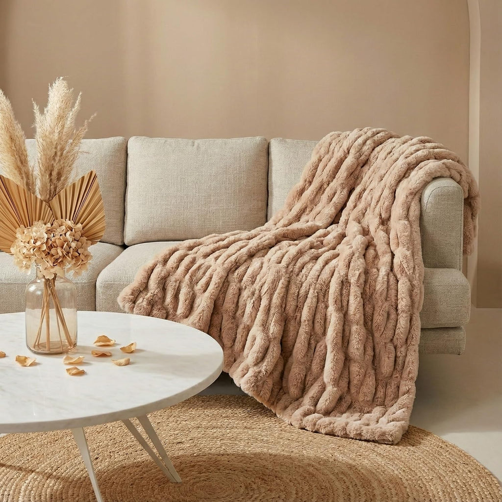 Faux Rabbit Fur Throw Blanket - 50" x 60", Elegant Ruched Design Blanket, Machine Washable and Wrinkle Resistant
