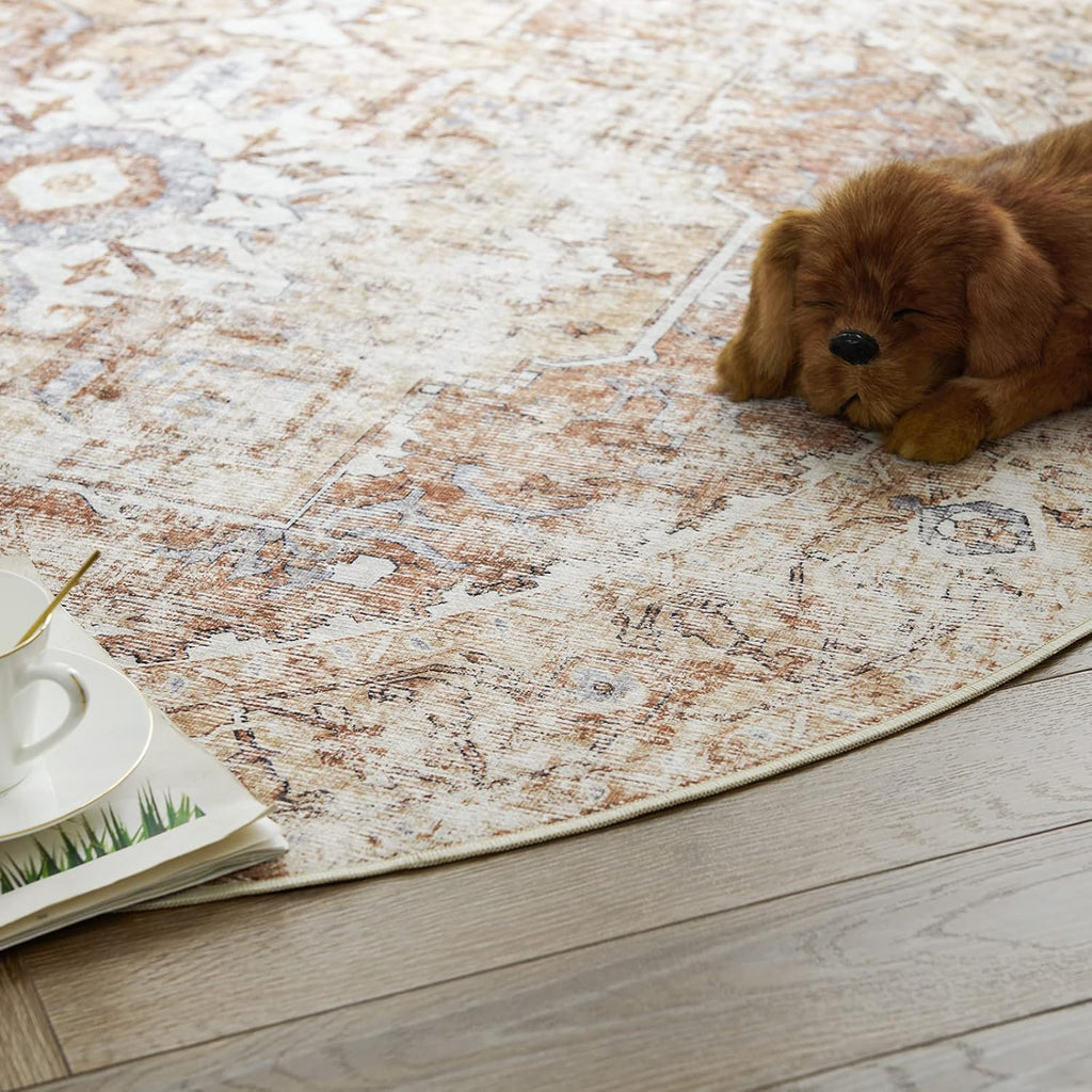Kelda Round Rug 8ft Washable Area Rug Indoor Vintage Bedroom Floor Cover Distressed Circle Mat 8' Ro