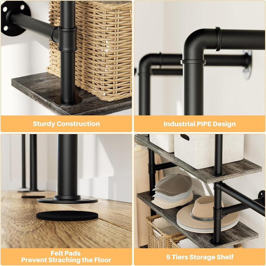 Industrial Pipe Clothing Rack, Reversible 6.42FT Clothes Rack for Hanging Clothes, Heavy Duty 5 Tier Wardrobe Closet