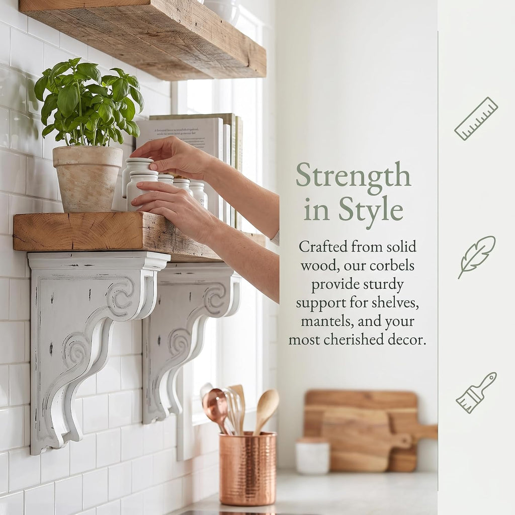 Set of 2 Decorative Shelf Brackets, Wall Mounted Wood Corbels | 7.28 x 4.13 x 11.22 inch Rustic Floating Shelf