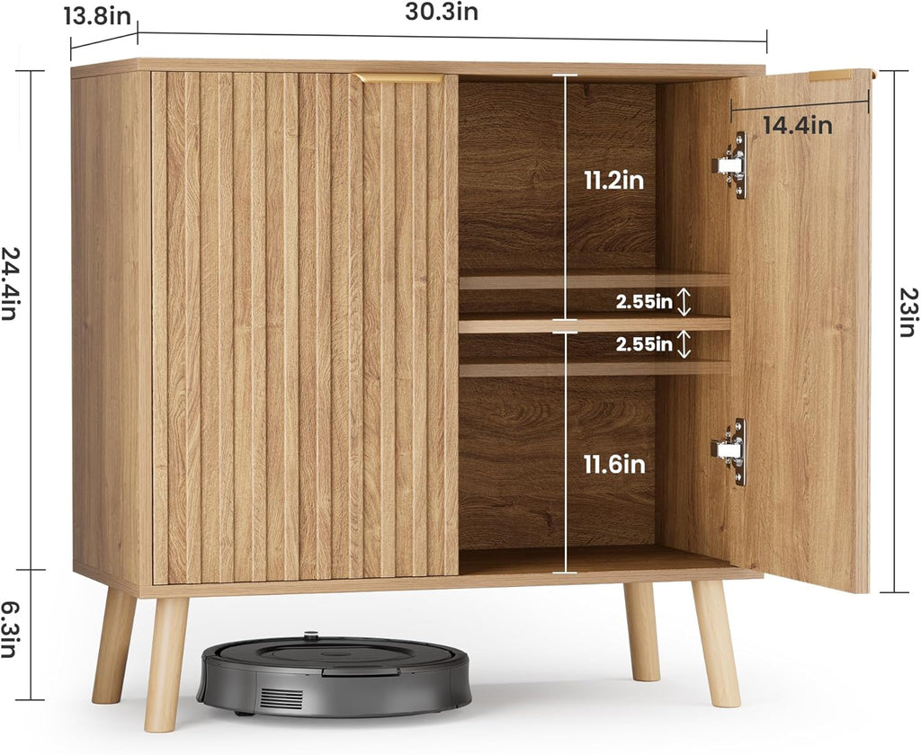 Fluted Storage Cabinet, Sideboard Buffet with Doors and Shelf, Wooden Console Table & Credenza
