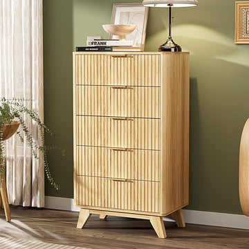 Fluted Tall Dresser 5 Drawer, 23.66" W Chest of Drawers, Oak Wood Dresser Mid Century Modern with Rounded Edge