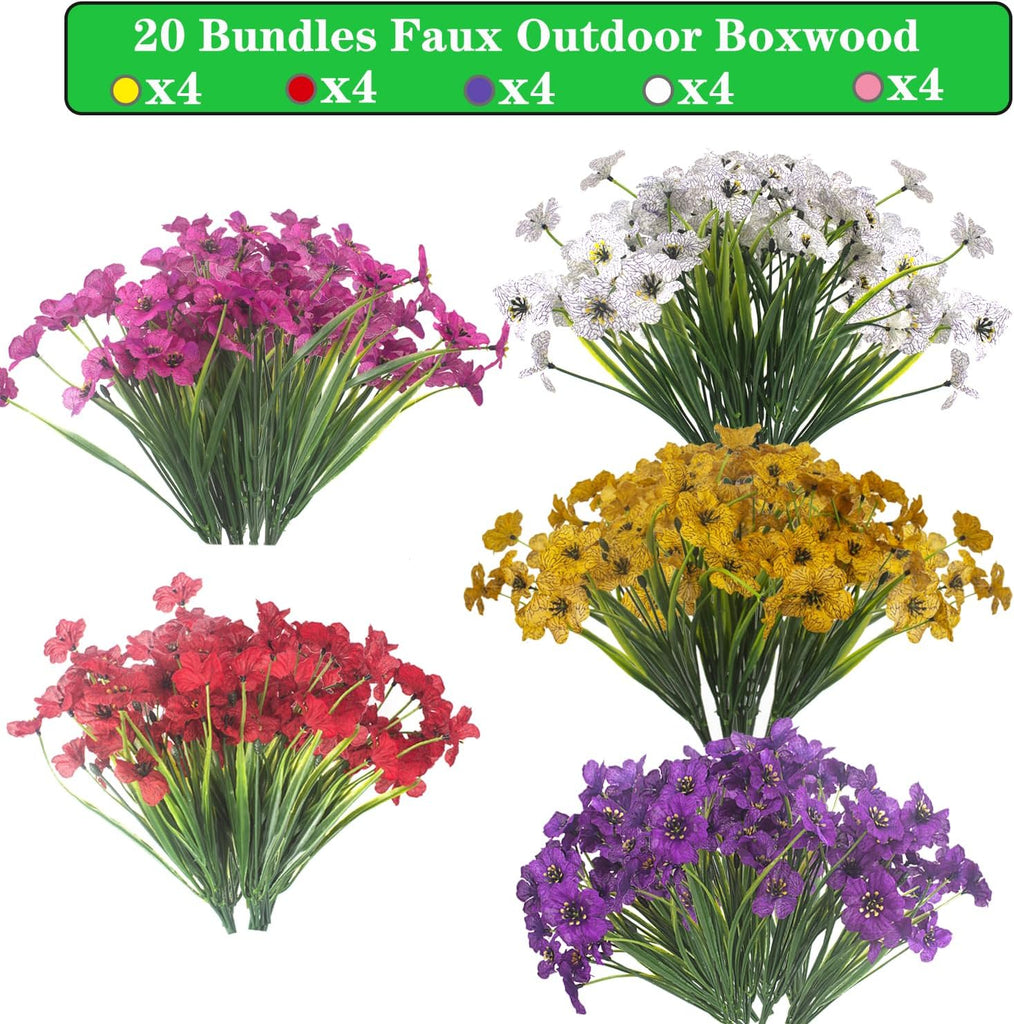 20 Bundles Artificial Flowers, Outdoor Indoor UV Resistant Fake Flowers No Fade Faux Plastic Plants Garden Porch