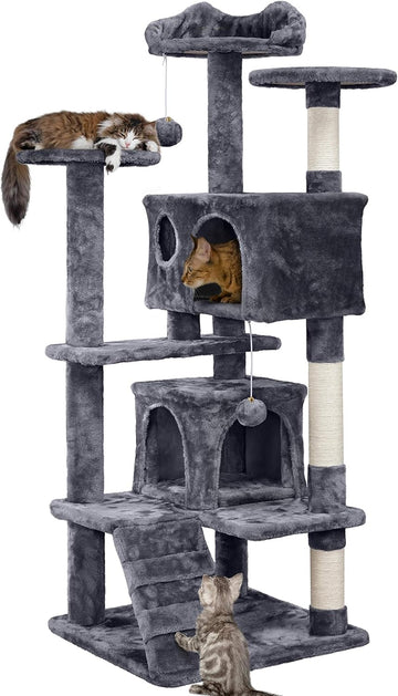 54in Cat Tree, Multi-Level Cat Tower with Spacious Kitten-ear Perch, 2 Cozy Caves, Scratching Posts, Climbing Ladder