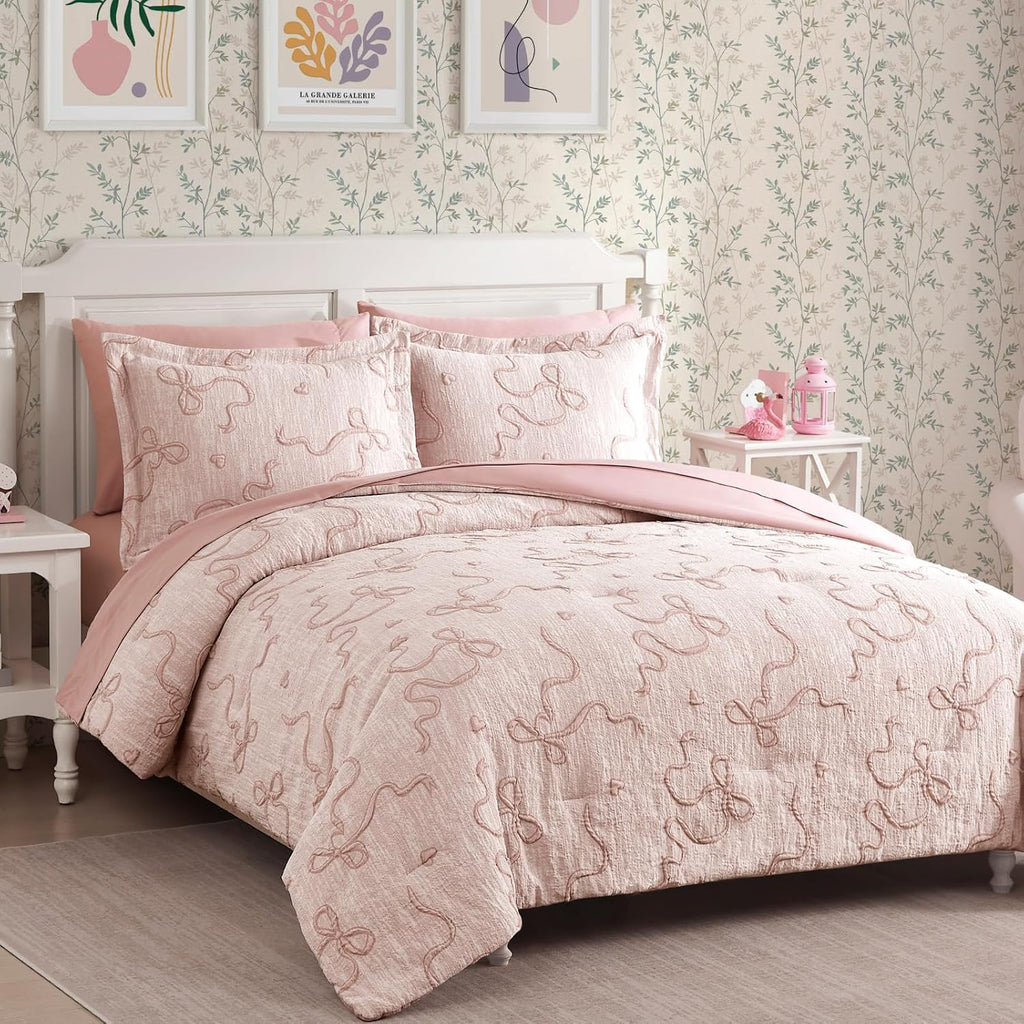 Full Comforter Sets for Girls - 7 Pieces Pink Bedding Bow Bed in a Bag - Set of 7